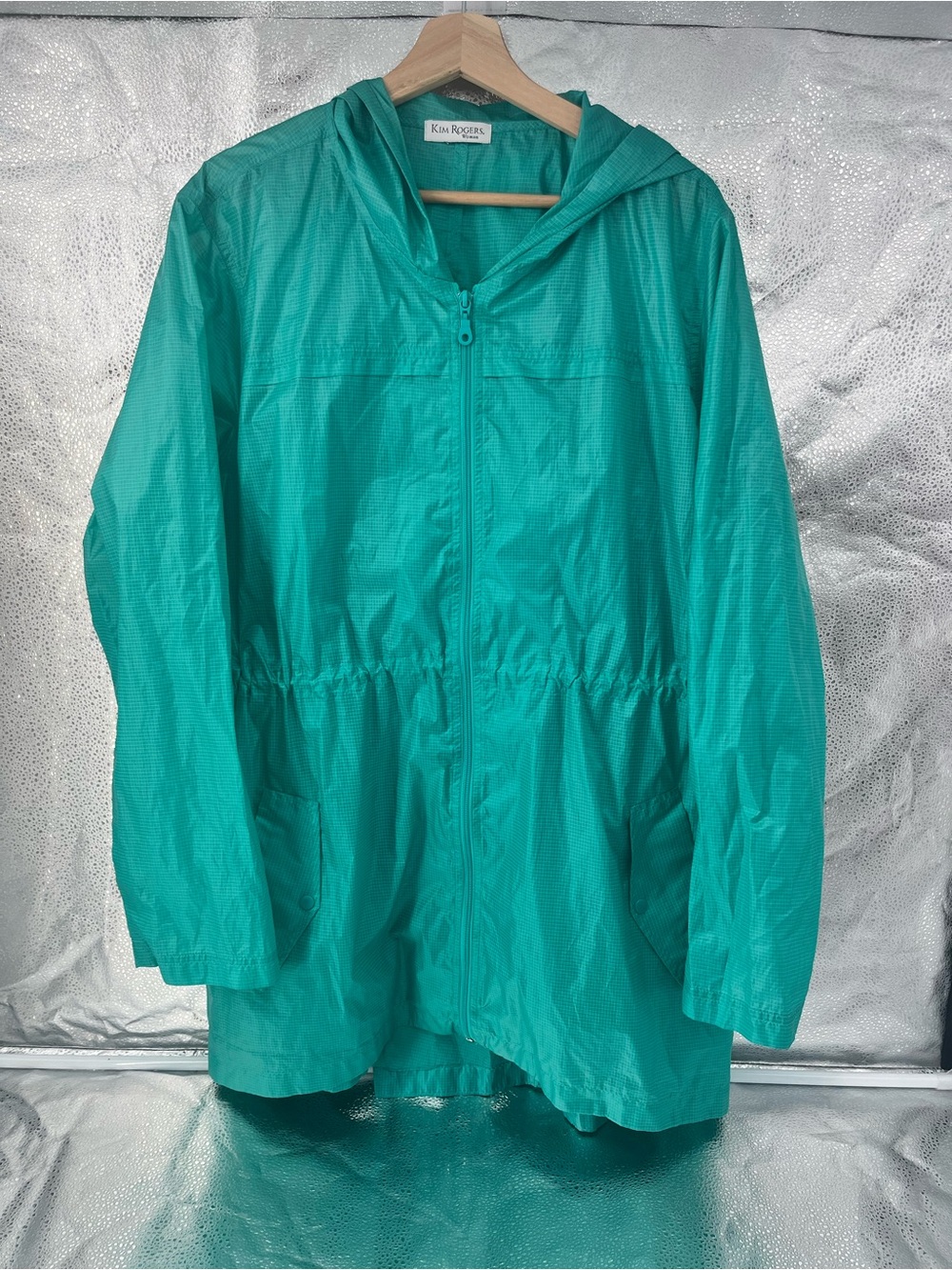 Kim Rogers Teal Green Grid Full Zip Hooded Windbreaker Rain Jacket Hooded XL/XXL